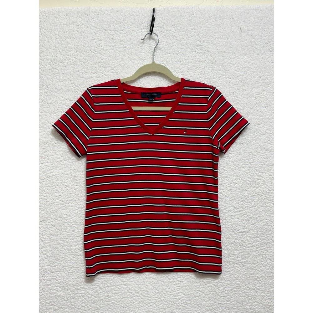 Tommy Hilfiger Red White Blue Stripe V Neck T Shirt Women's Size L